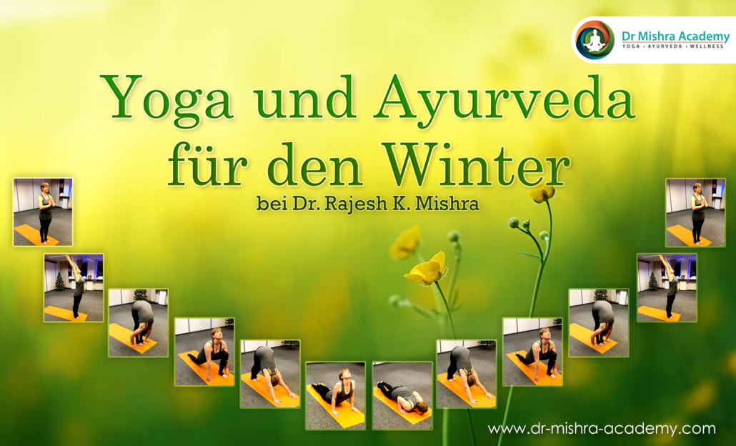 Yoga und Ayurveda für den sommer Grüner Hintergrund mit verschiedenen Asanas - Yogapositionen, wie Paddottanasana, Naukasana, Bandha Hasta Utthanasana, Gomukhasana, Tadasana, Sheetali Pranayama einschließlich Dr. Mishra Academy Logo.